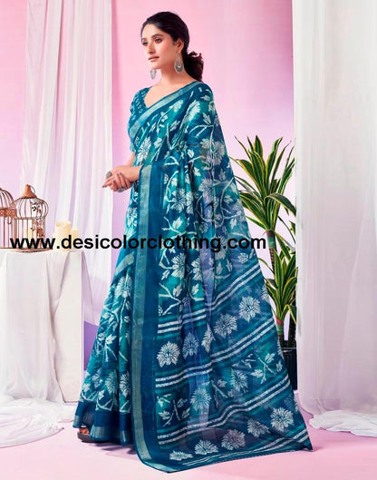 Teal Blue Cotton Zari Saree
