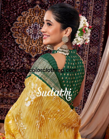Yellow & Cream Printed Silk Saree