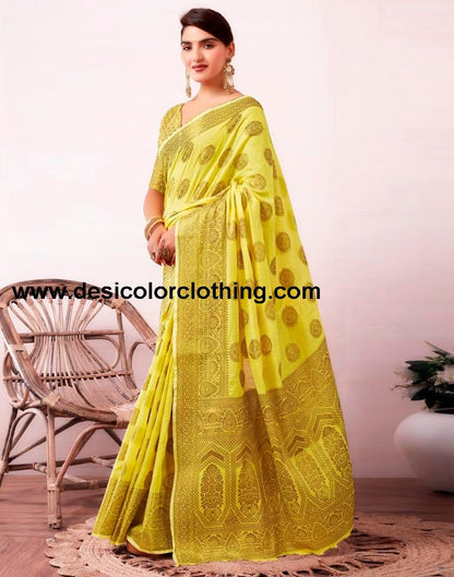 Yellow Silk Plain Saree