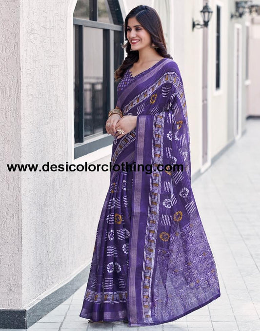 Deep Violet Cotton Printed Saree