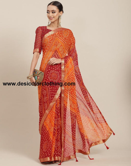 Orange And Red Bandhani Saree