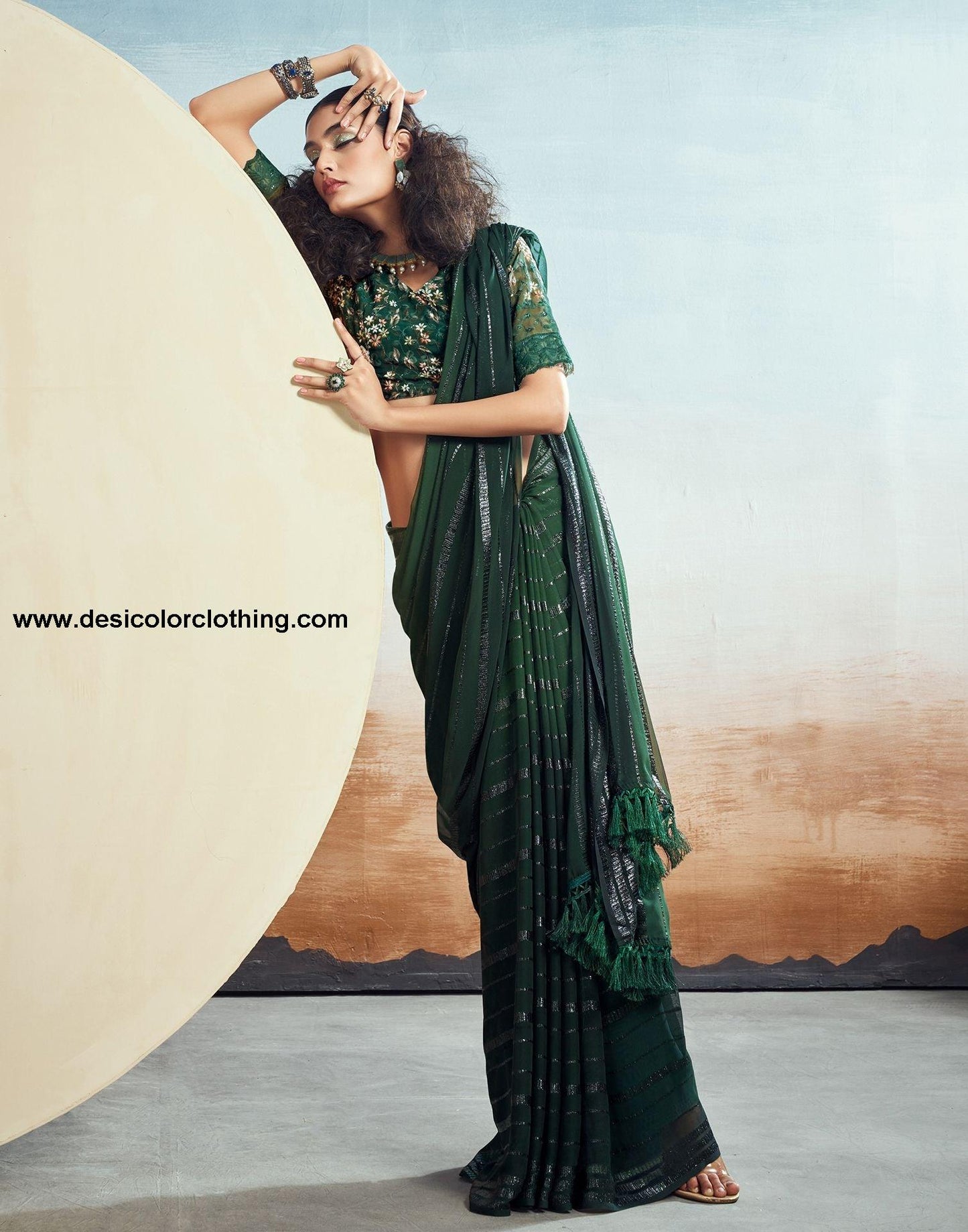 Dark Green Plain Georgette Saree
