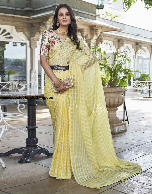 Yellow Checkered Chiffon Woven Saree