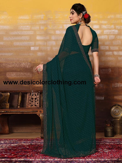 Dark Green Plain Georgette Saree