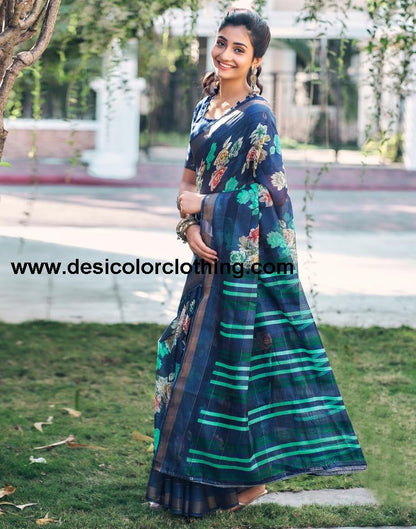 Dark Blue Cotton Printed Saree