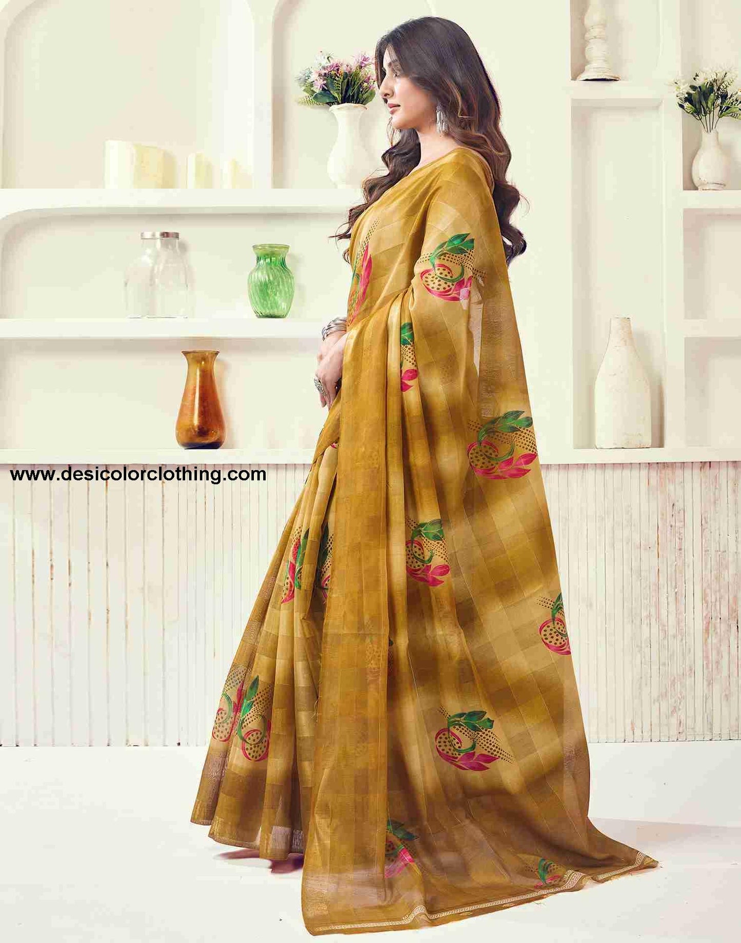 Yellow Cotton Printed Saree
