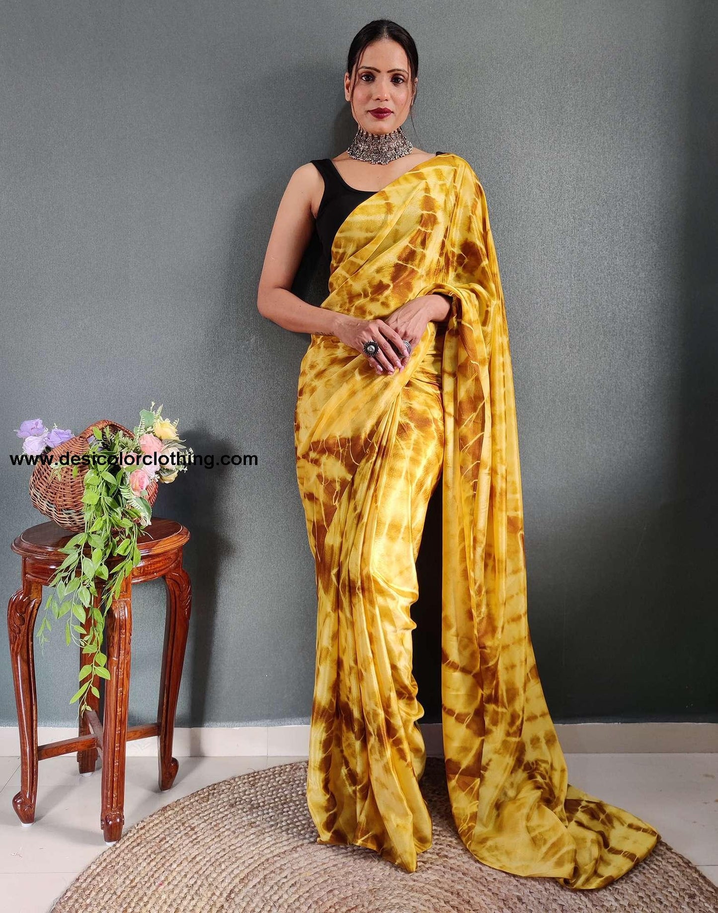 Yellow Printed Silk Pre-draped Saree