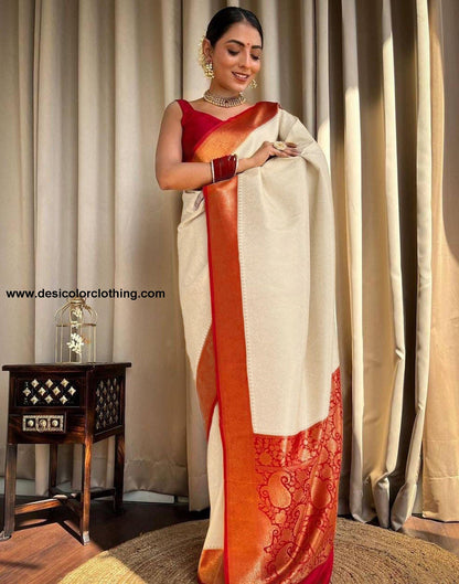 Cream Jacquard Silk Saree