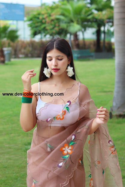 Beautiful Hand-Painted Organza Silk Saree – A Blend of Artistry and Elegance