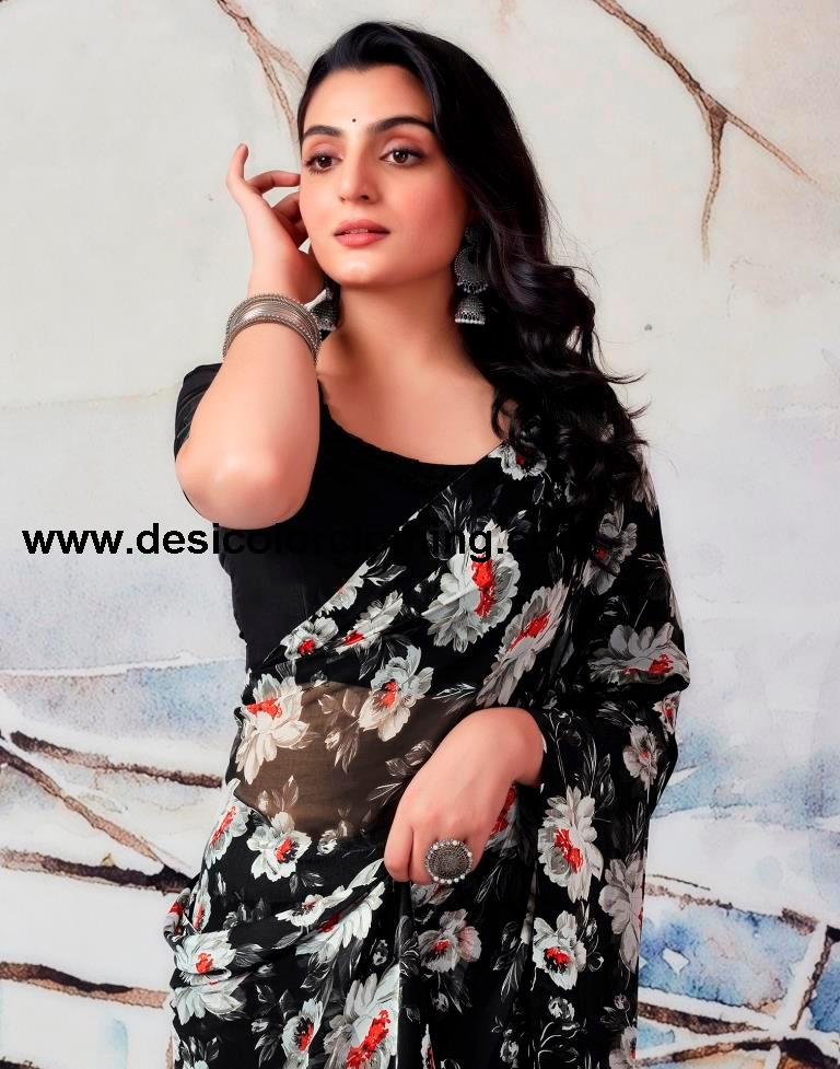 Black Georgette Printed  Saree