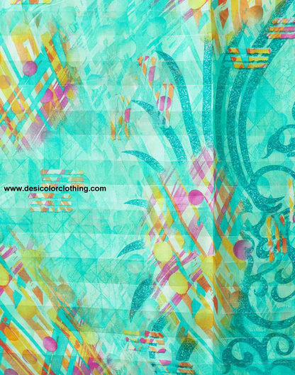 Turquoise Printed Cotton Geometric Saree