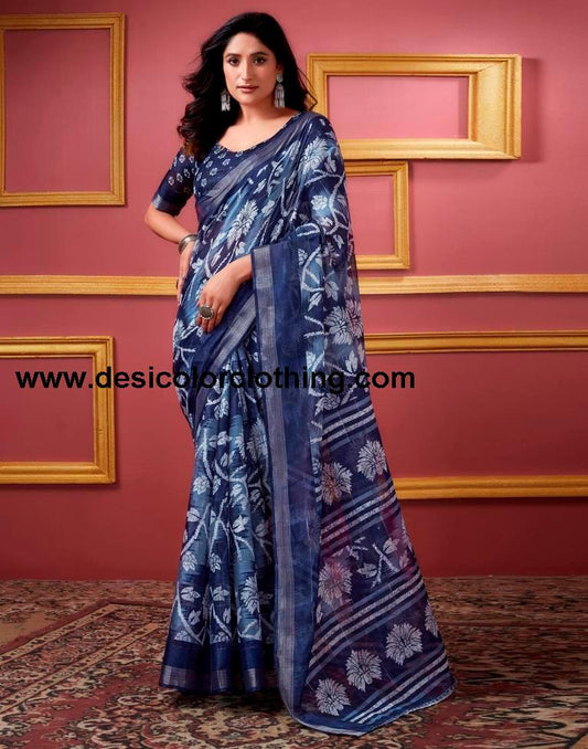 Dark Blue Cotton Zari Saree