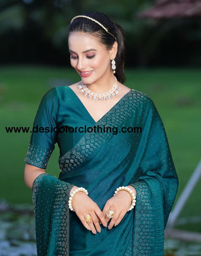 Teal Blue Plain Georgette Saree