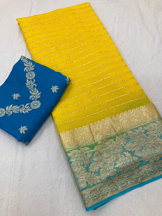 Product Image - Viscose Georgette Saree with Contrast Dola Banarasi Blouse | Designer Wedding & Festive Wear