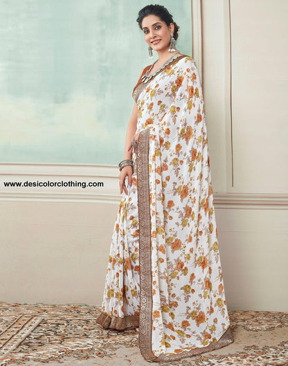 White Printed Georgette Saree