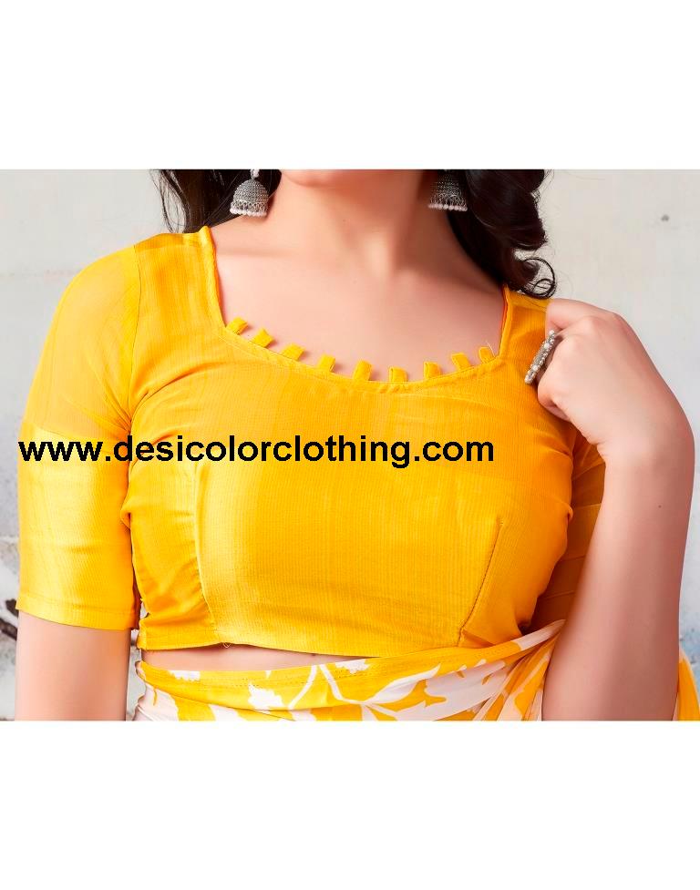 Yellow Georgette Printed  Saree