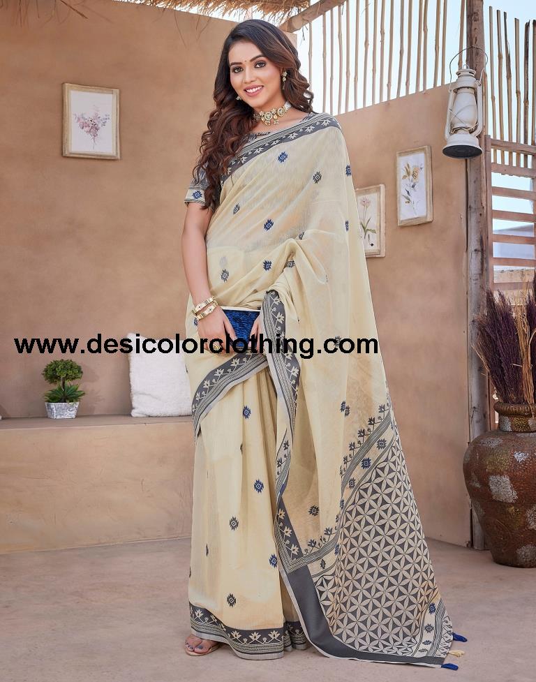 Beige Silk Plain Sarees