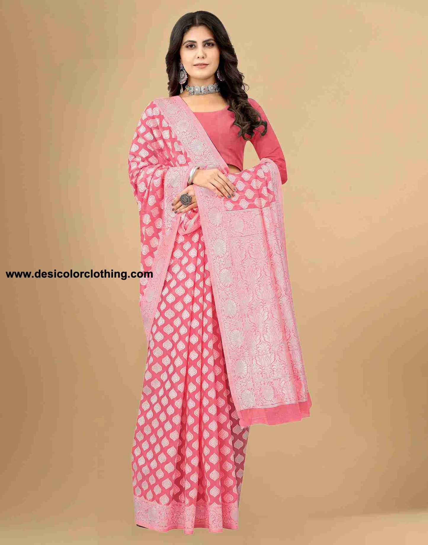 Pink Cotton Plain Saree