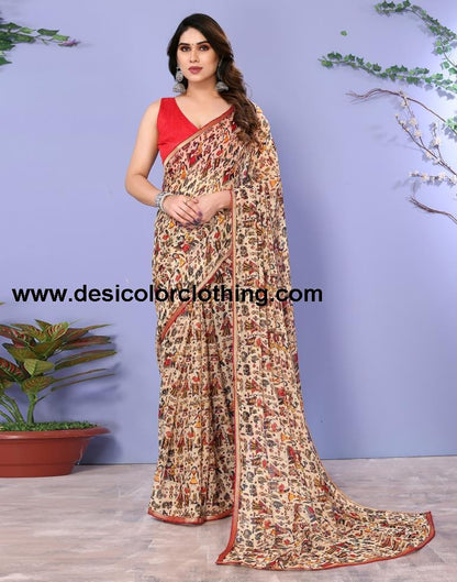 Beige Chiffon Printed Saree