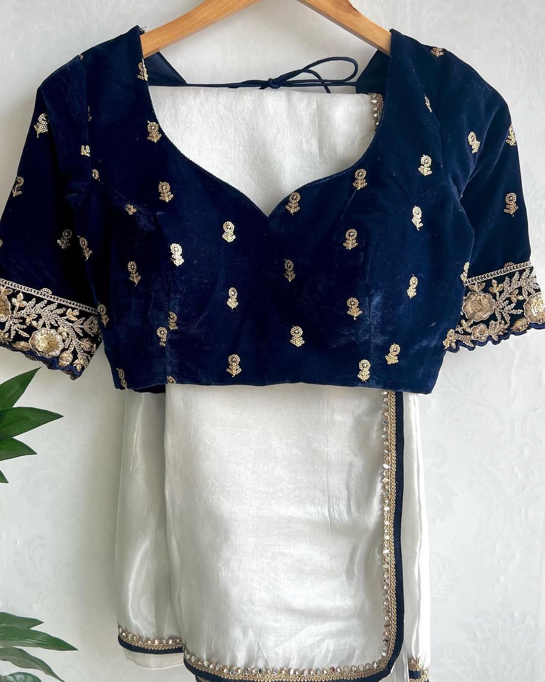 Product Image - Designer Mirror Lace Saree with Velvet Embroidery Blouse