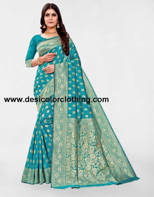 Turquoise Jacquard Banarasi Silk Saree