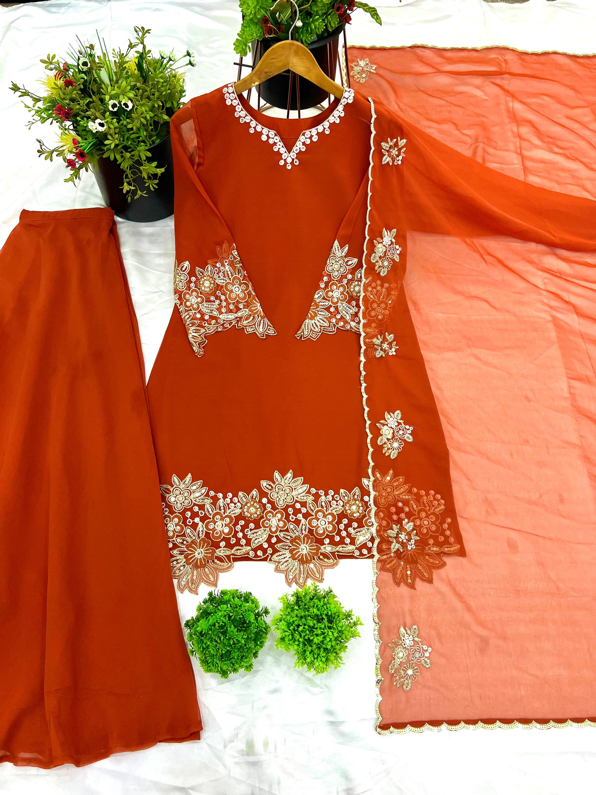 Product Image - Designer Collection in Heavy Faux Georgette with Embroidered Top-Bottom and Dupatta Set
