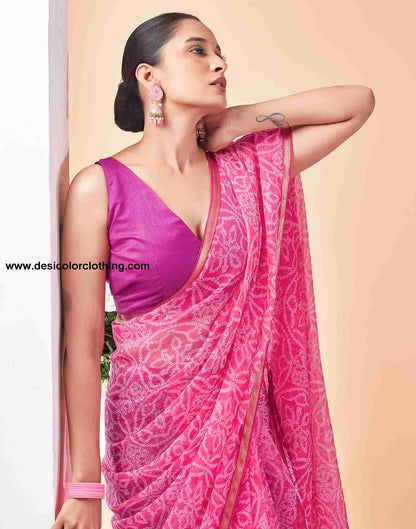Pink Chiffon Printed Saree