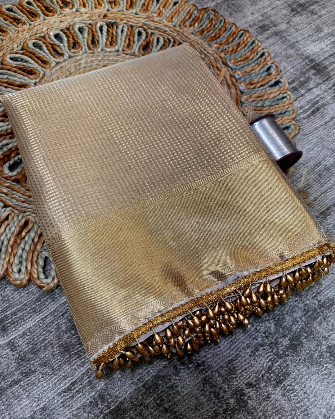Product Image - Elegant Golden Tissue Silk Saree Inspired by Nayanthara Mam | Designer Antic Gold Border