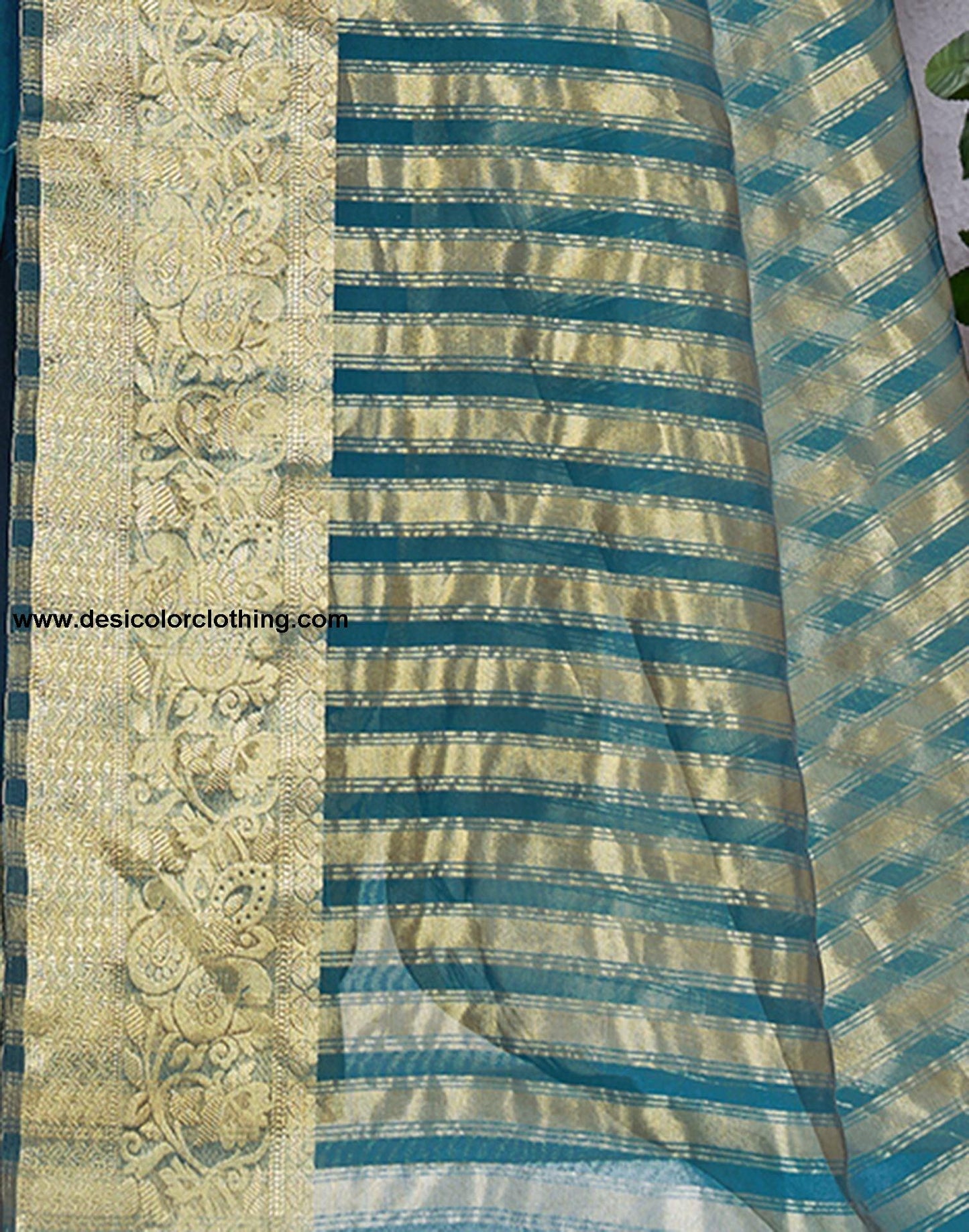 Teal Blue Plain Organza Saree