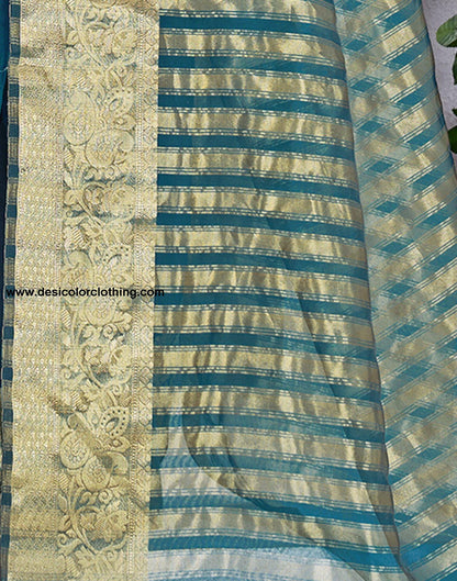 Teal Blue Plain Organza Saree