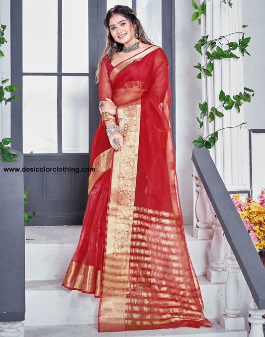 Red Plain Organza Saree