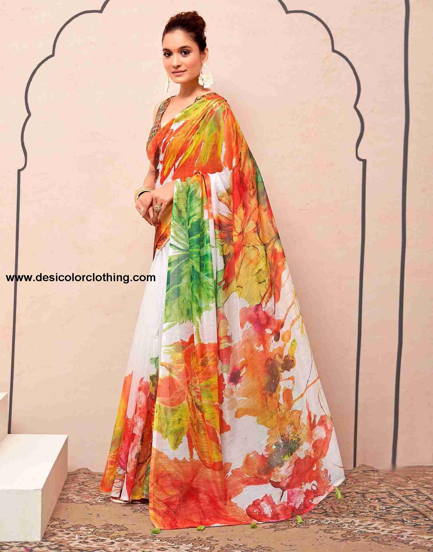 White Cotton Printed Saree