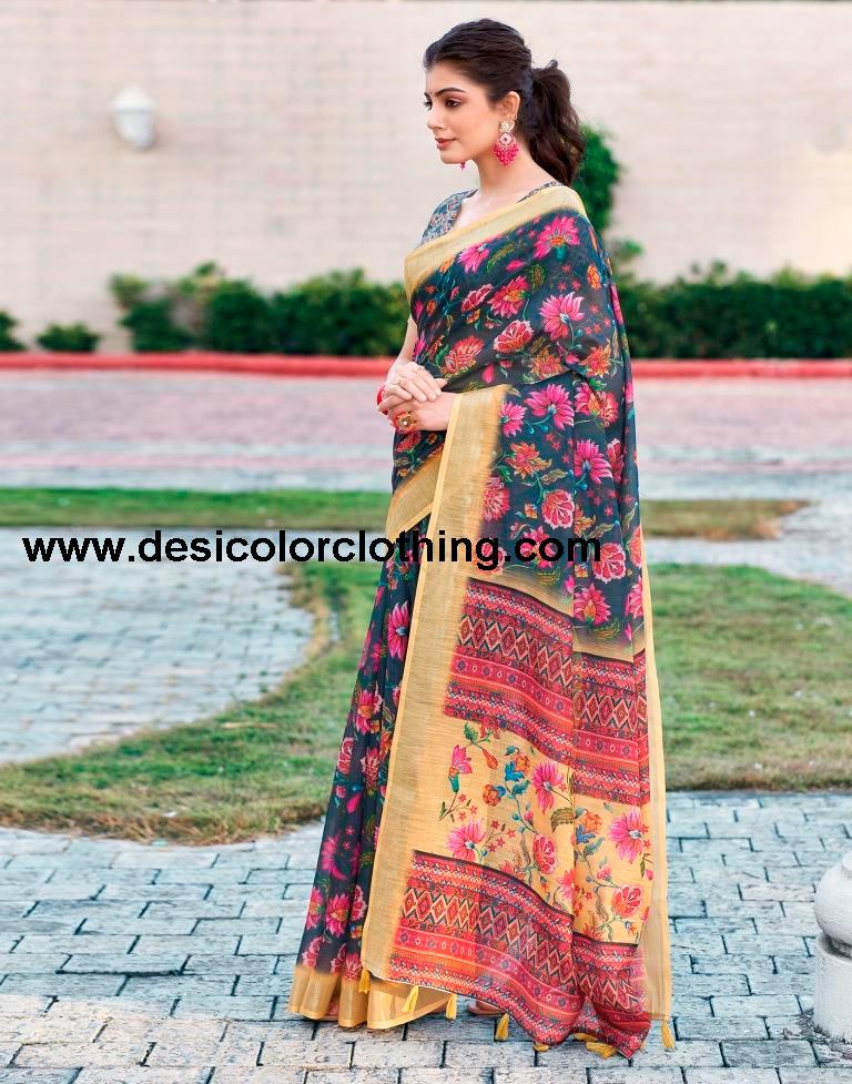Dark Grey Linen Printed Sarees