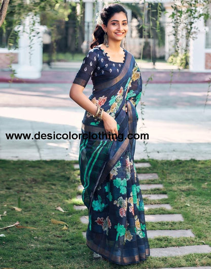 Dark Blue Cotton Printed Saree
