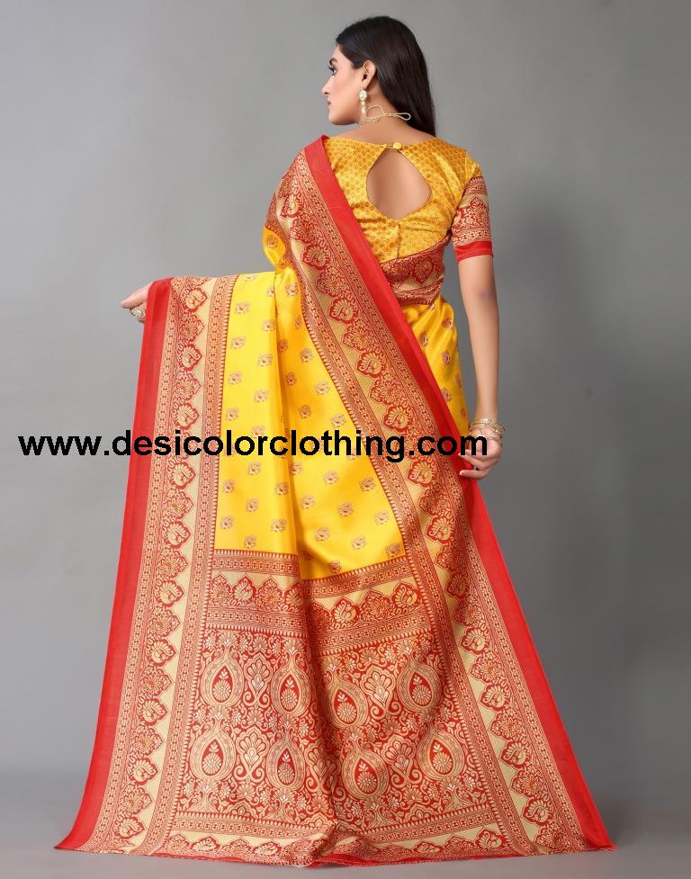 Yellow Printed Silk Saree