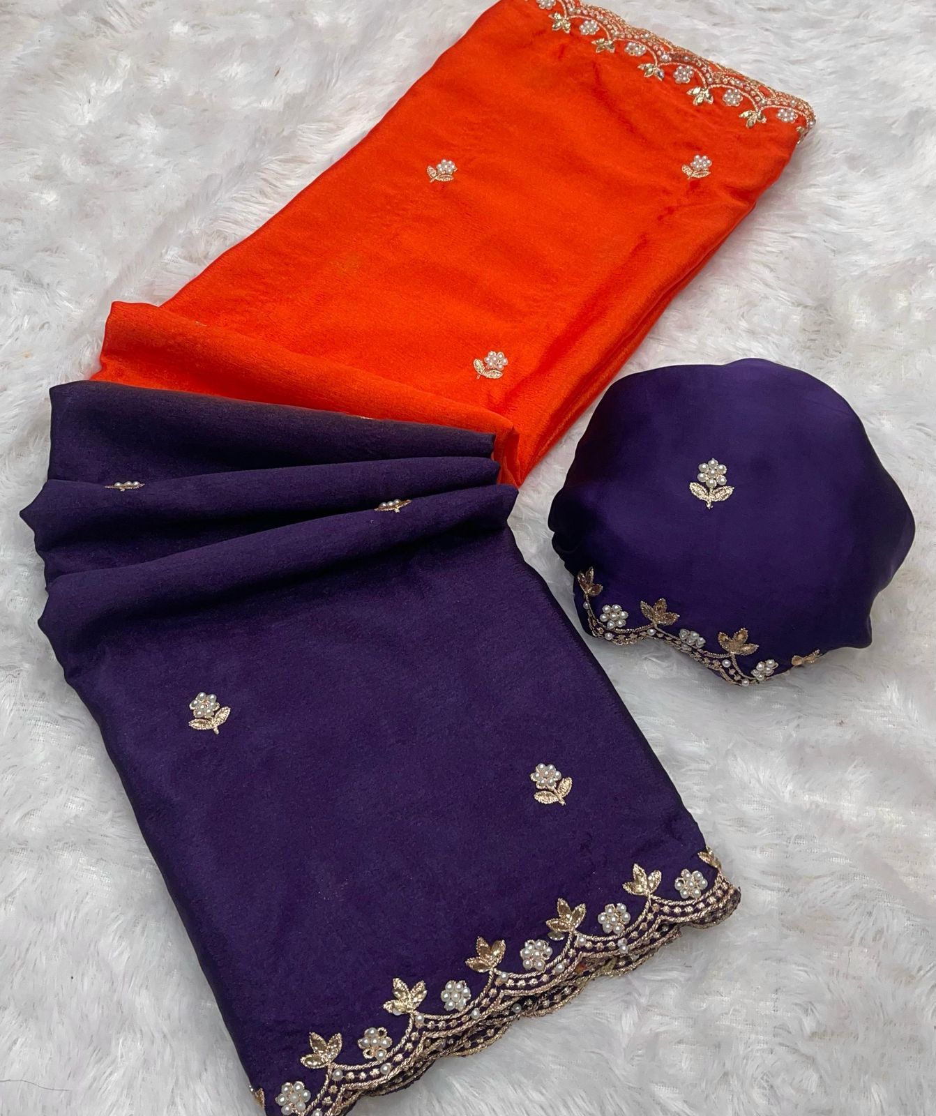 Product Image - Designer Chinnon Saree with Embroidery and Moti Work