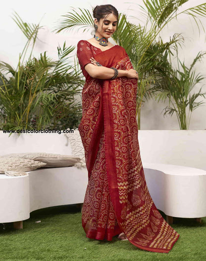 Red Cotton Printed Saree