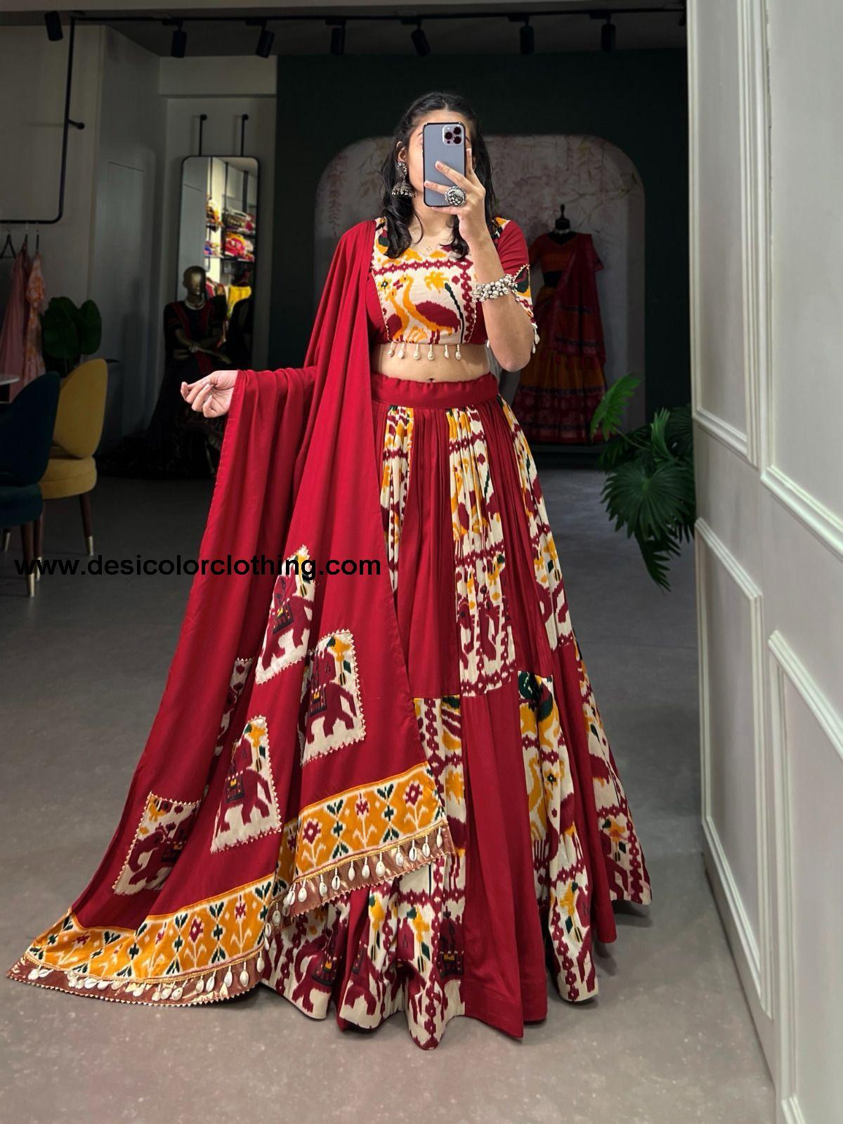Rayon Printed Silk Lehenga Choli with Gota Patti and Cowrie Lace Detailing