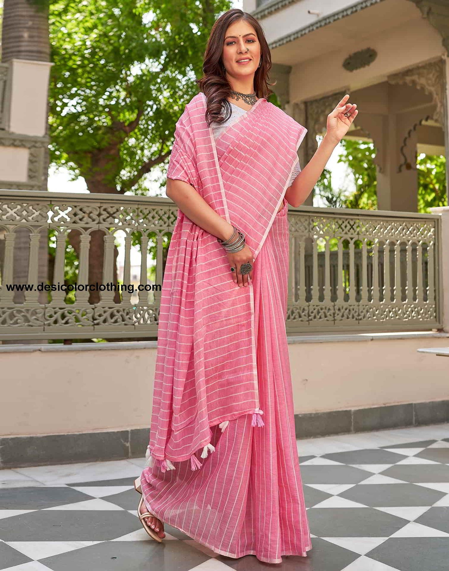 Pink Leheriya Linen Woven Saree