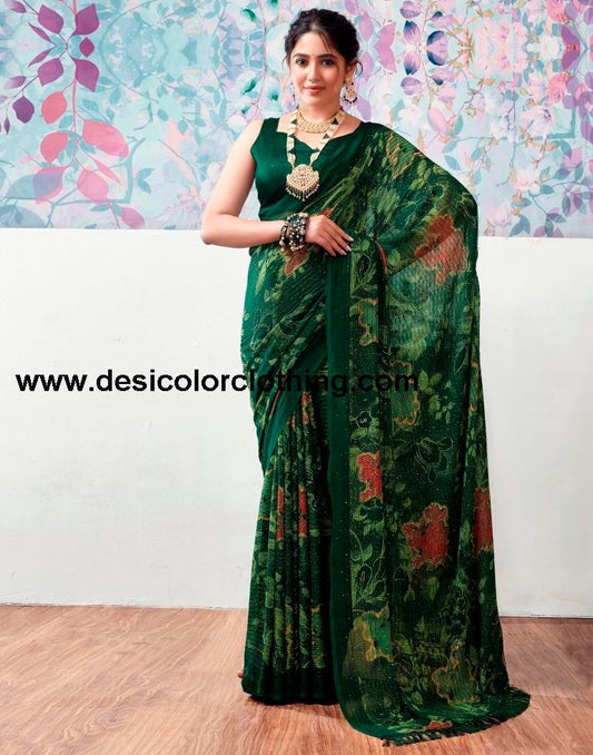 Dark Green Georgette Printed Sarees