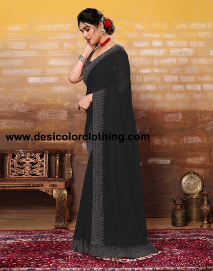 Black Plain Georgette Saree