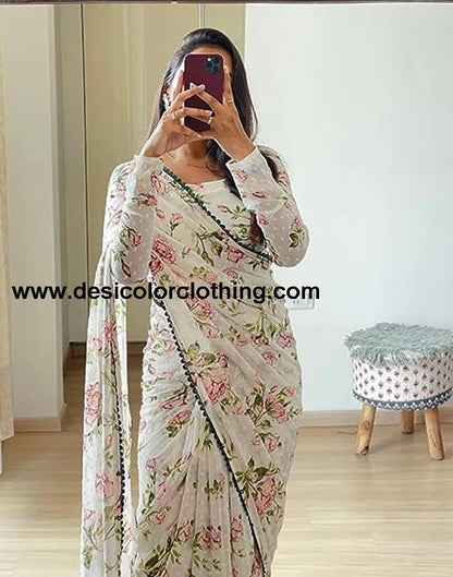 Cream Printed Chiffon Saree