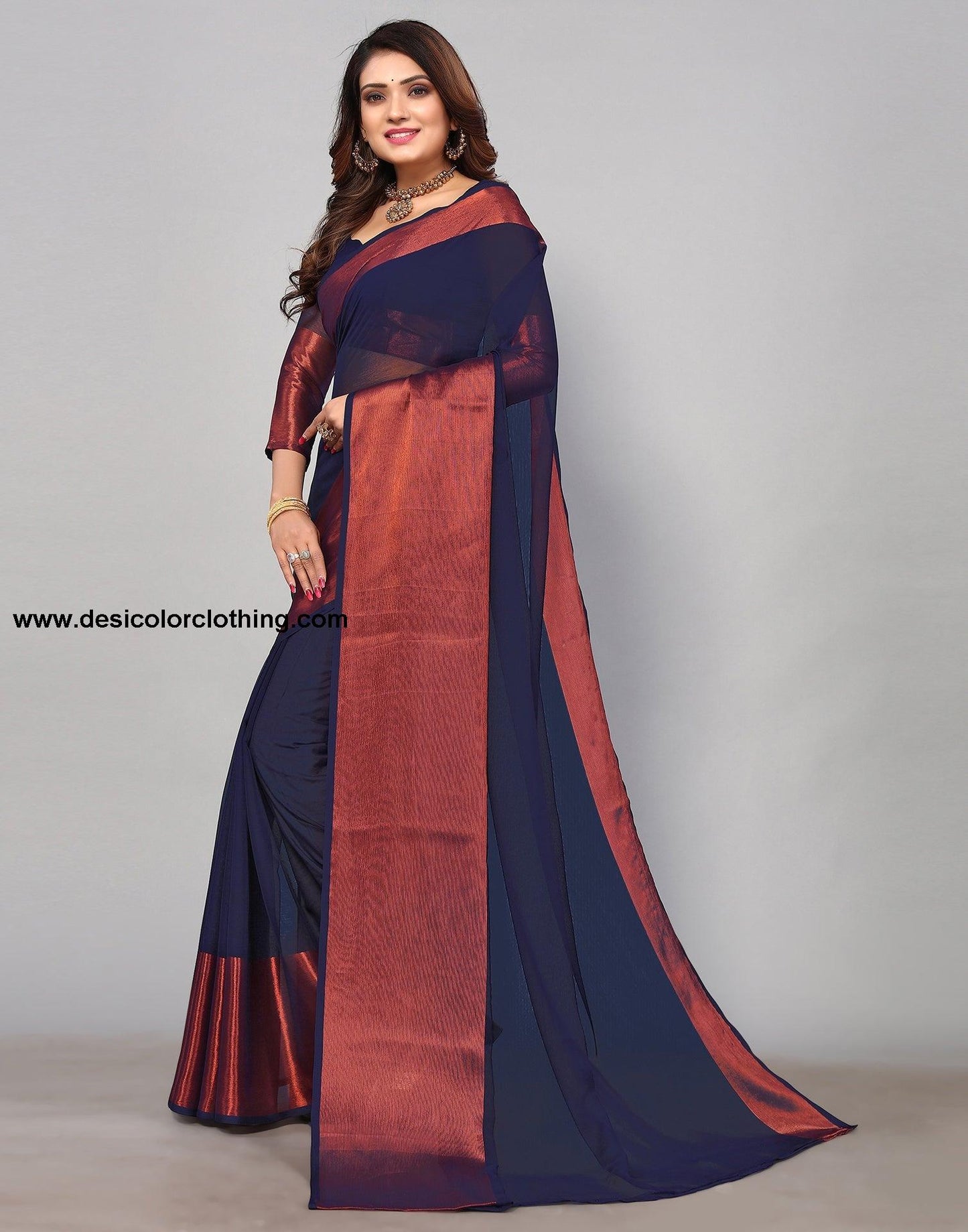 Dark Blue Chiffon Plain Saree