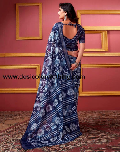 Dark Blue Cotton Zari Saree