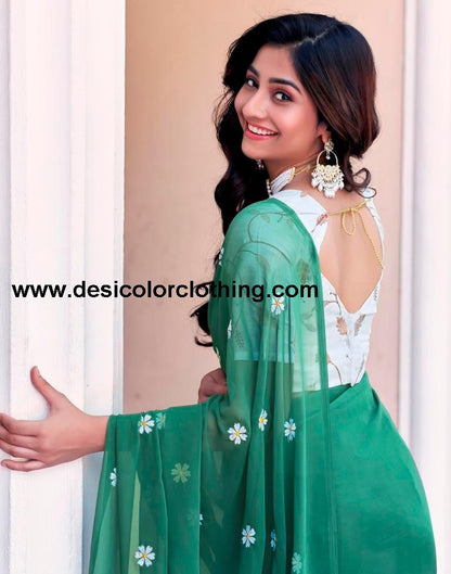 Dusty Green Georgette Embroidery Saree