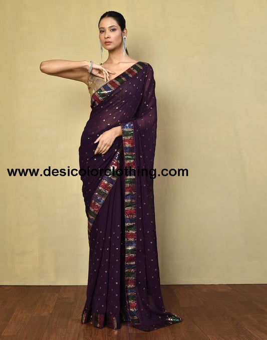 Deep Purple Georgette Plain Saree