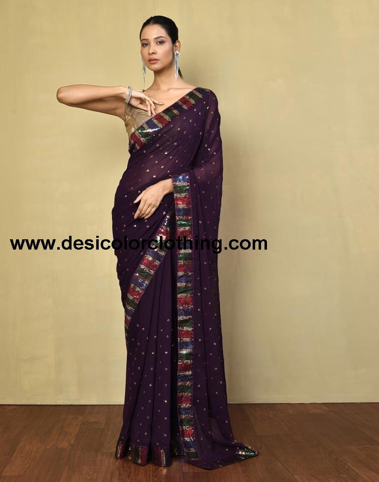 Deep Purple Georgette Plain Saree
