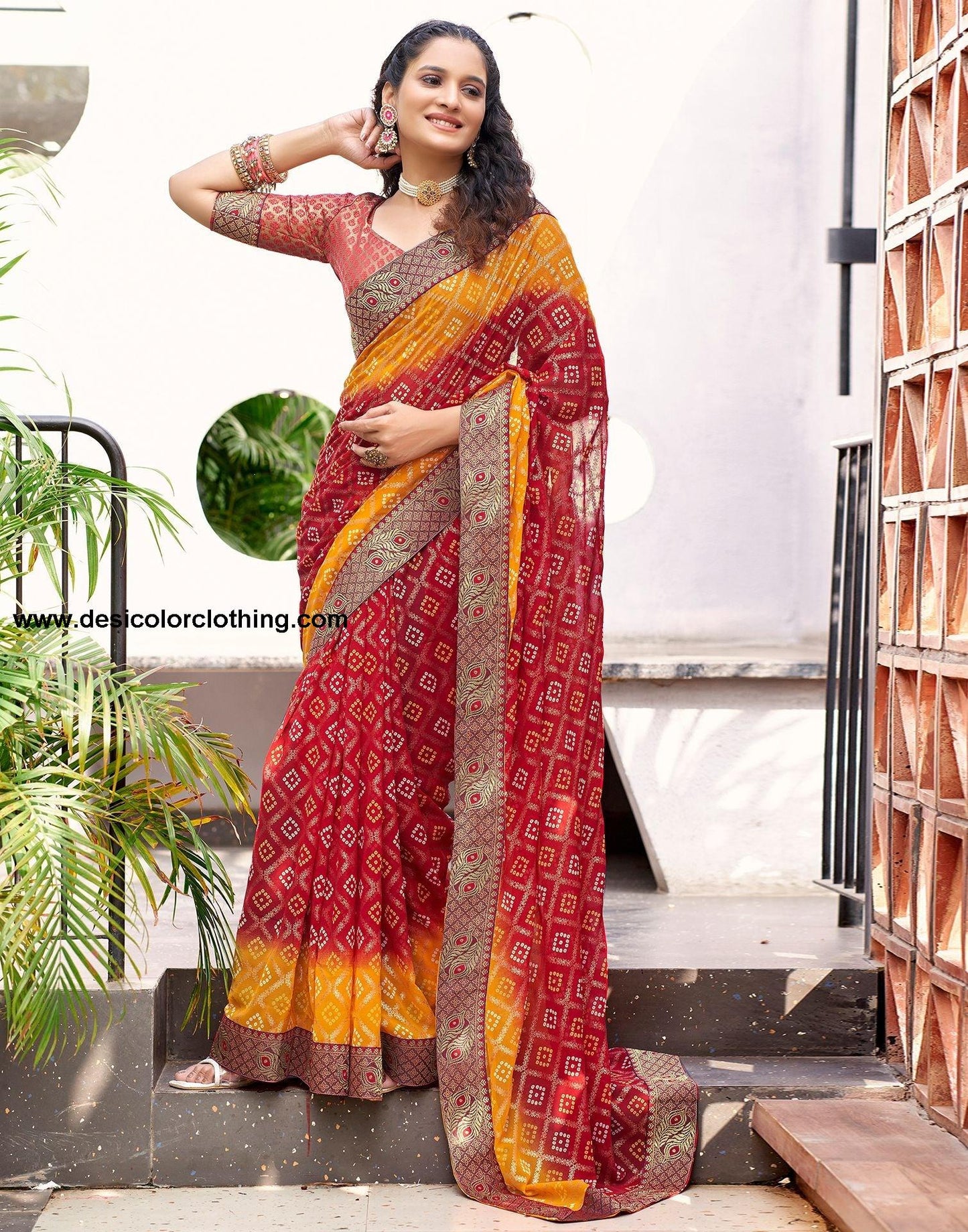 Red Bandhani Printed Saree