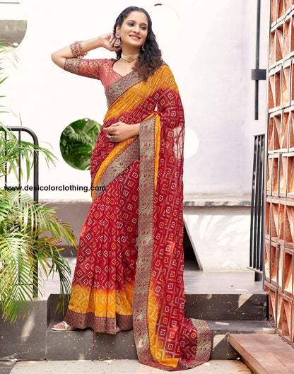 Red Bandhani Printed Saree