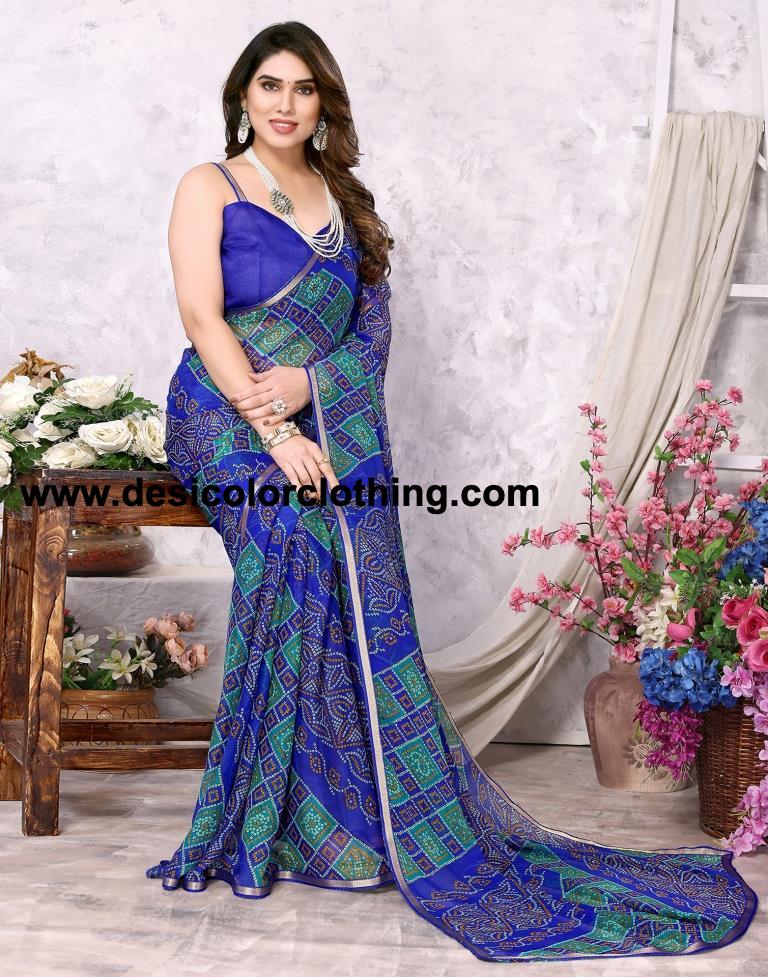 Royal Blue Chiffon Bandhani Printed Saree